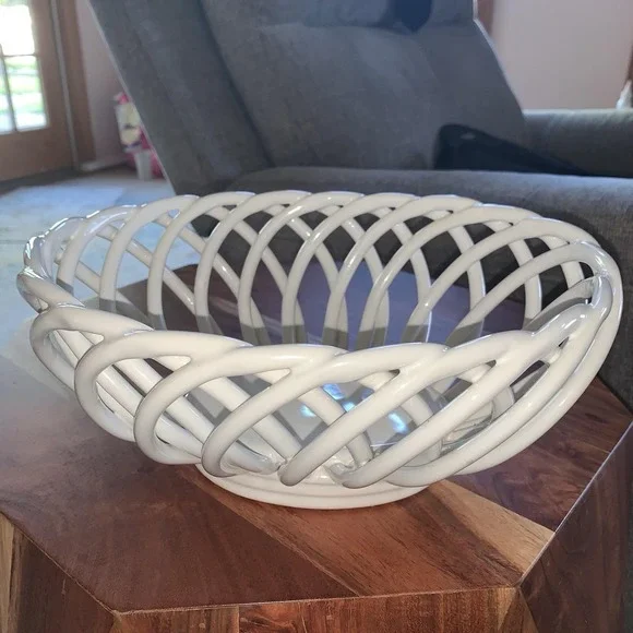 Williams Sonoma White Woven Bread Basket 10.5 "Ceramic No Chips Vintage 1990s - Picture 5 of 5